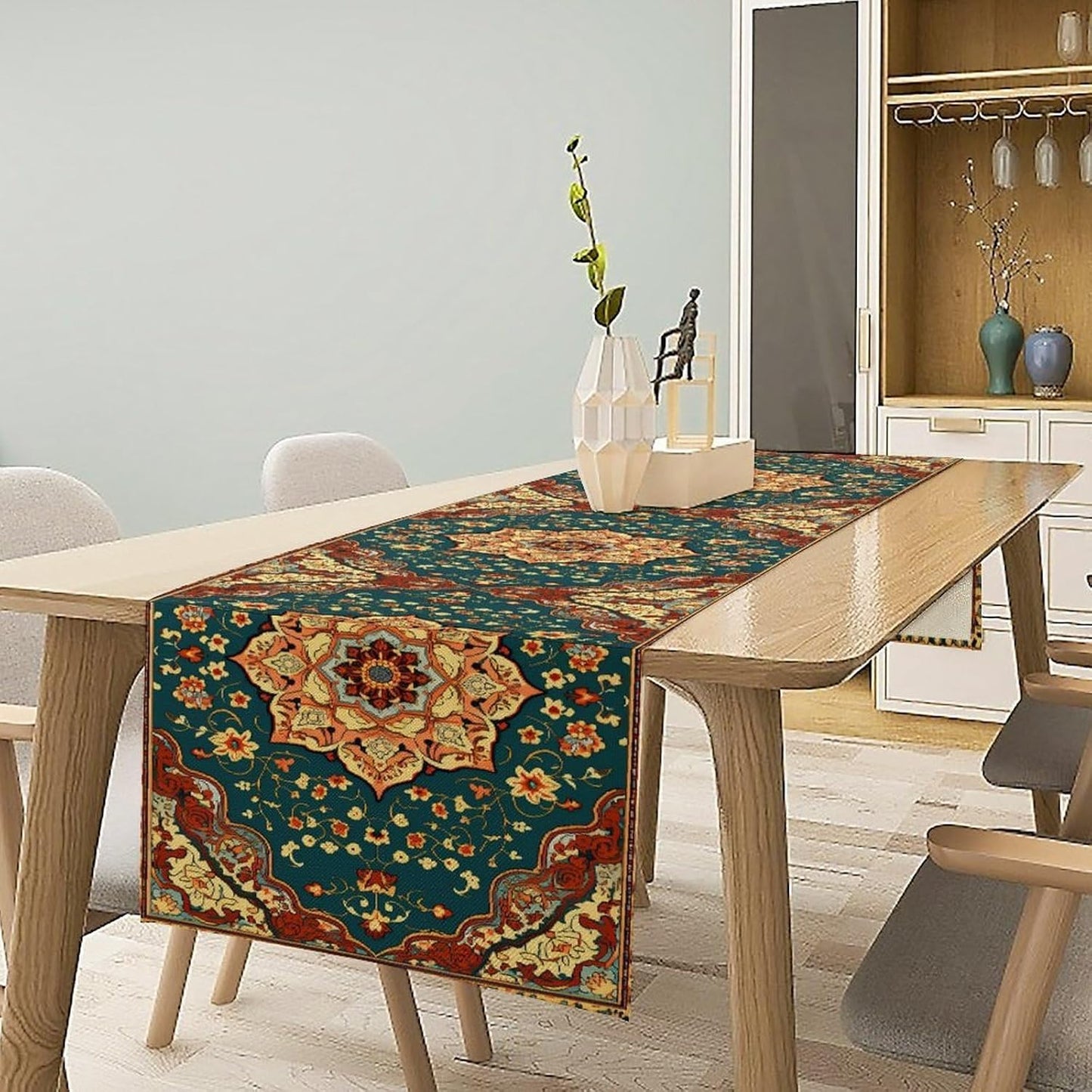 Boho Rich Table Runner, Vintage Blue Teal Gold Retro Flower Rustic Country Style Floral Print Pattern for Home Kitchen Table Decor Dining Coffee Room Garden Party Decor 13x72in