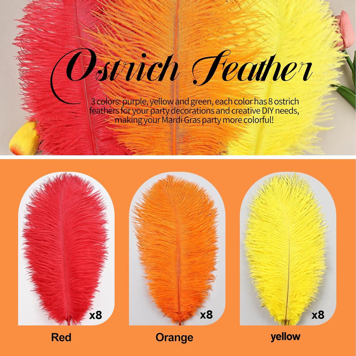 THARAHT Red Orange Yellow Ostrich Feathers 12pcs Natural Bulk 8-10Inch 20cm-25cm for Crafts Wedding Party Centerpieces Halloween and Home Decoration Feathers