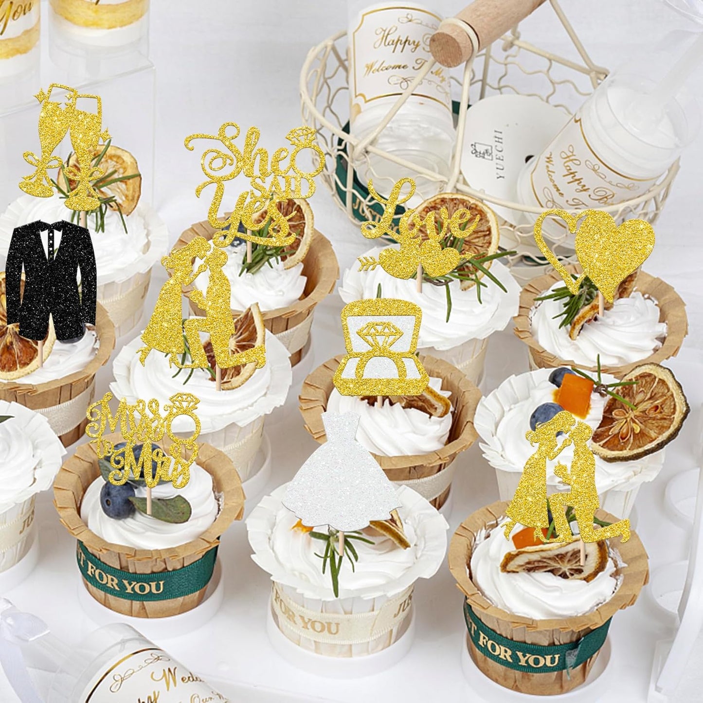 30 Pack Bride to be Cupcake Toppers Glitter Diamond Ring I Do Love Cupcake Picks Miss to Mrs He Asked She Said Yes Bridal Shower Wedding Engagement Bachelorette Cake Decoration Gold