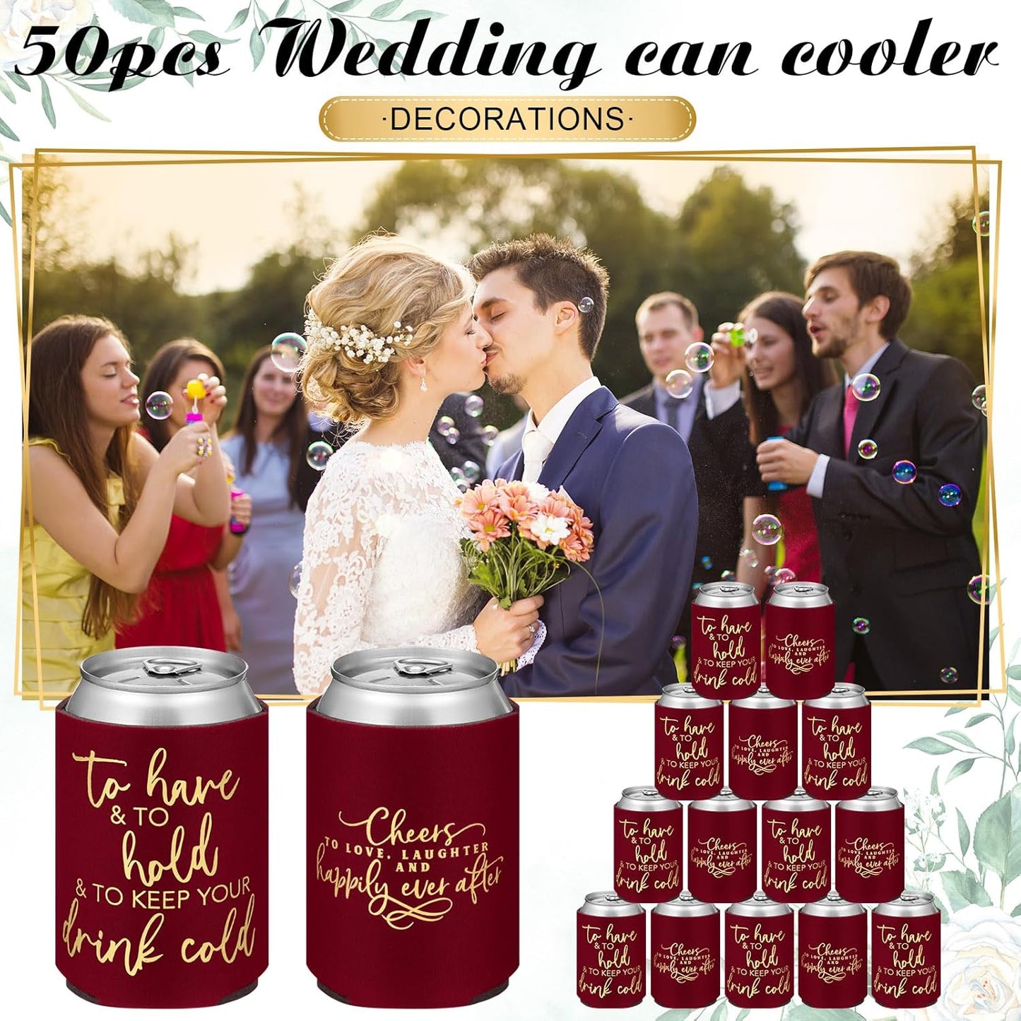 50 Pieces Burgundy Wedding Can Cooler Sleeves Bulk Engagement Party Favors for Guests Cheers to Love Laughter and Happily Ever After Rehearsal Dinner Decorations for Wedding Bridal Parties