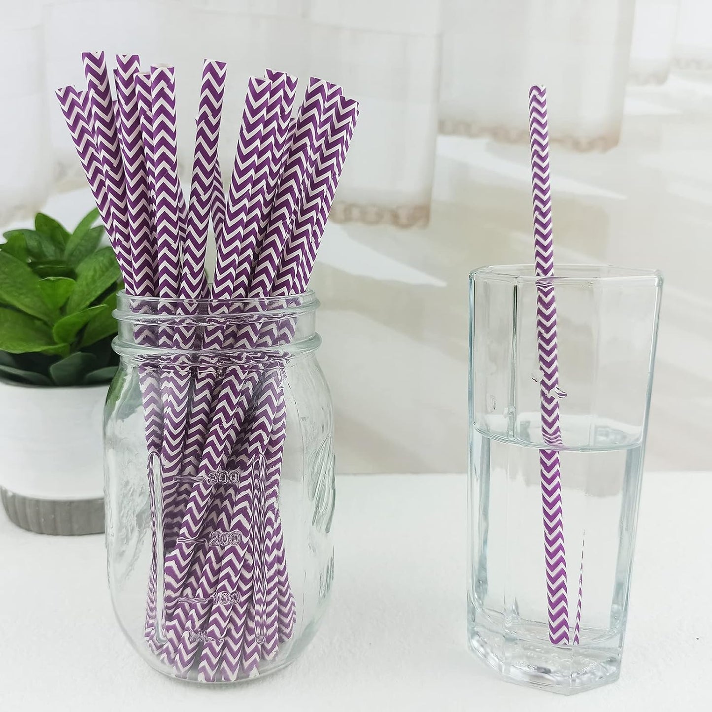 YAOSHENG Premium Disposable Waves Striped Drinking Paper Straws, Pack 100 Purple Waves Paper Straws for Cocktail Party Supplies,Birthday,Bridal/Baby Shower,Juice,Shakes (Purple Waves)