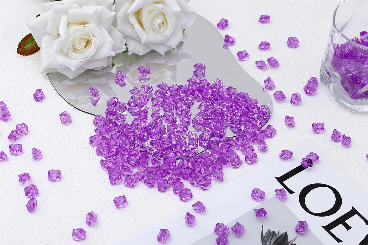 LAIDANLA 500PCS Purple Acrylic Gems Vase Fillers Fake Ice Cubes Plastic Diamonds Fake Crushed Rocks for Centerpiece DIY Party Table Scatter Prop Wedding Decoration Accessories