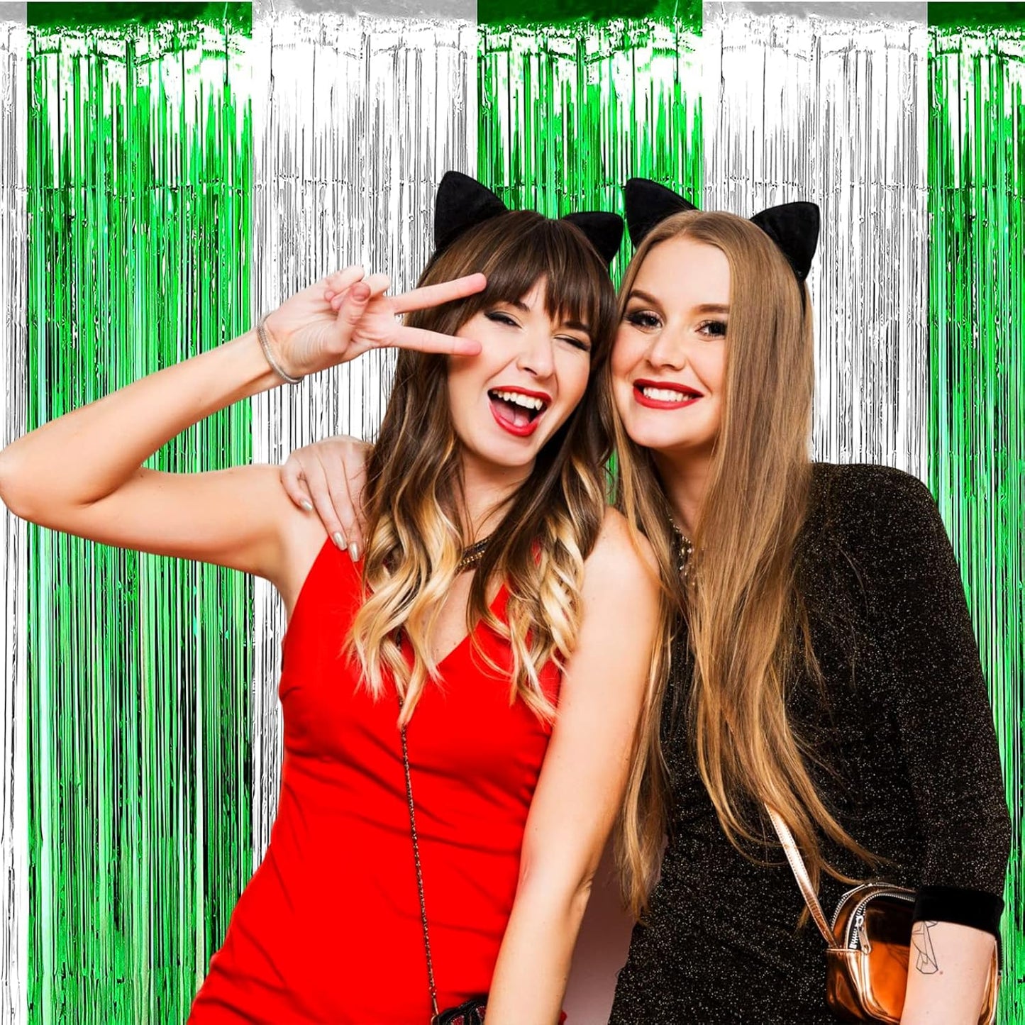 4 Pack Silver Green Foil Fringe Curtain Backdrop, 3.28Ft x 9.8Ft Metallic Tinsel Foil Fringe Streamers Curtains for Photo Booth, Wedding, Mardi Gras, Birthday Carnival St Patrick Day Party Decoration