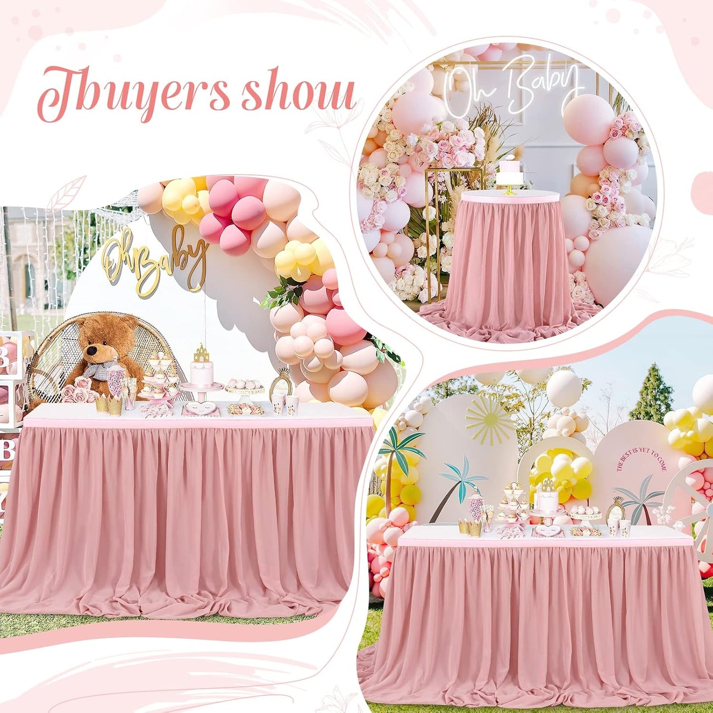 Dusty Rose 6ft Table Skirt for Rectangle Tables or Round Tables Sheer Tablecloth for Baby Girl Birthday Princess Party Wedding Table Decor