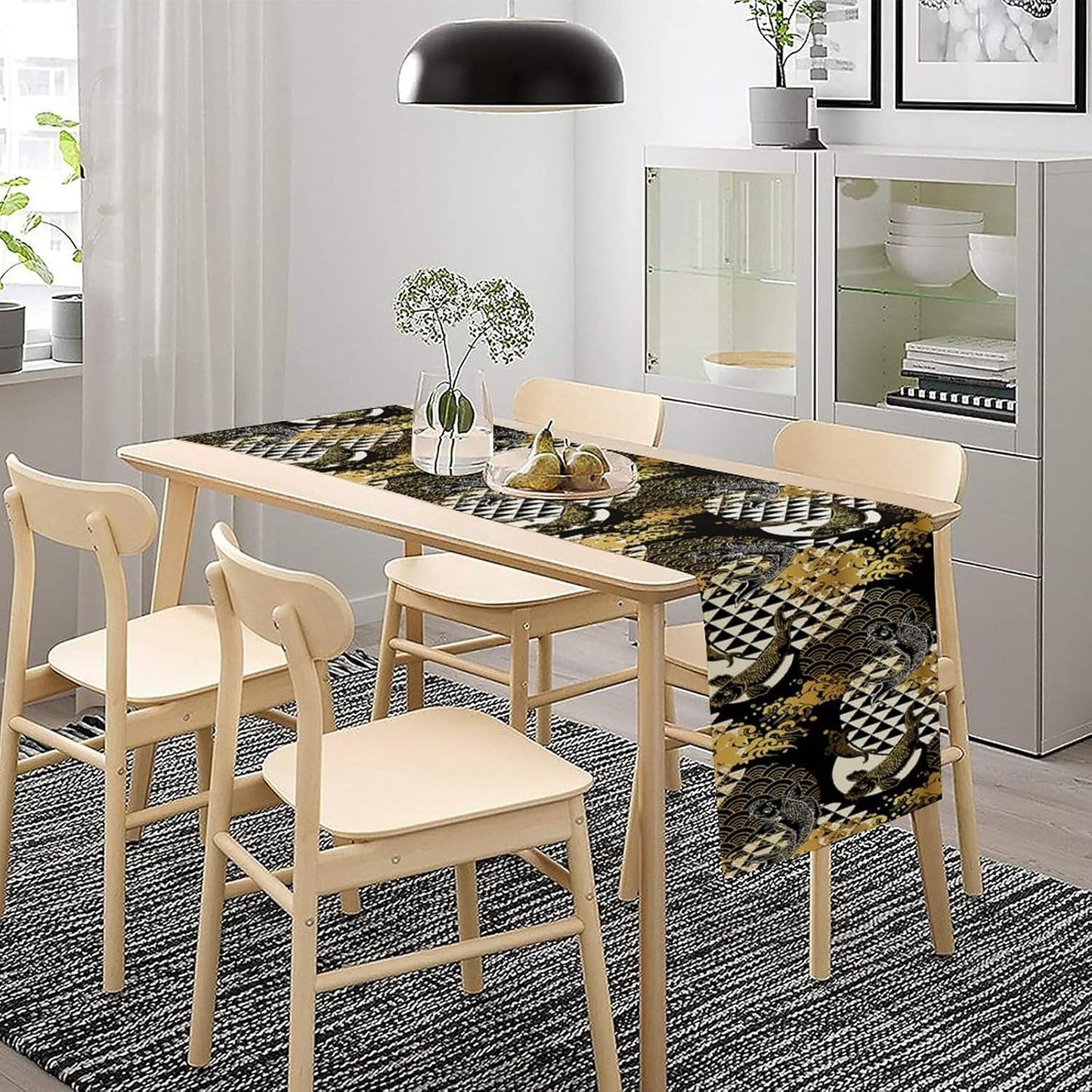 Japanese Table Runner Oriental Tradition Kio Fish Gold Art Printed Burlap Runner Home Kitchen Dining Table Living Room Decor Fabric 1 Panel W13xL120in