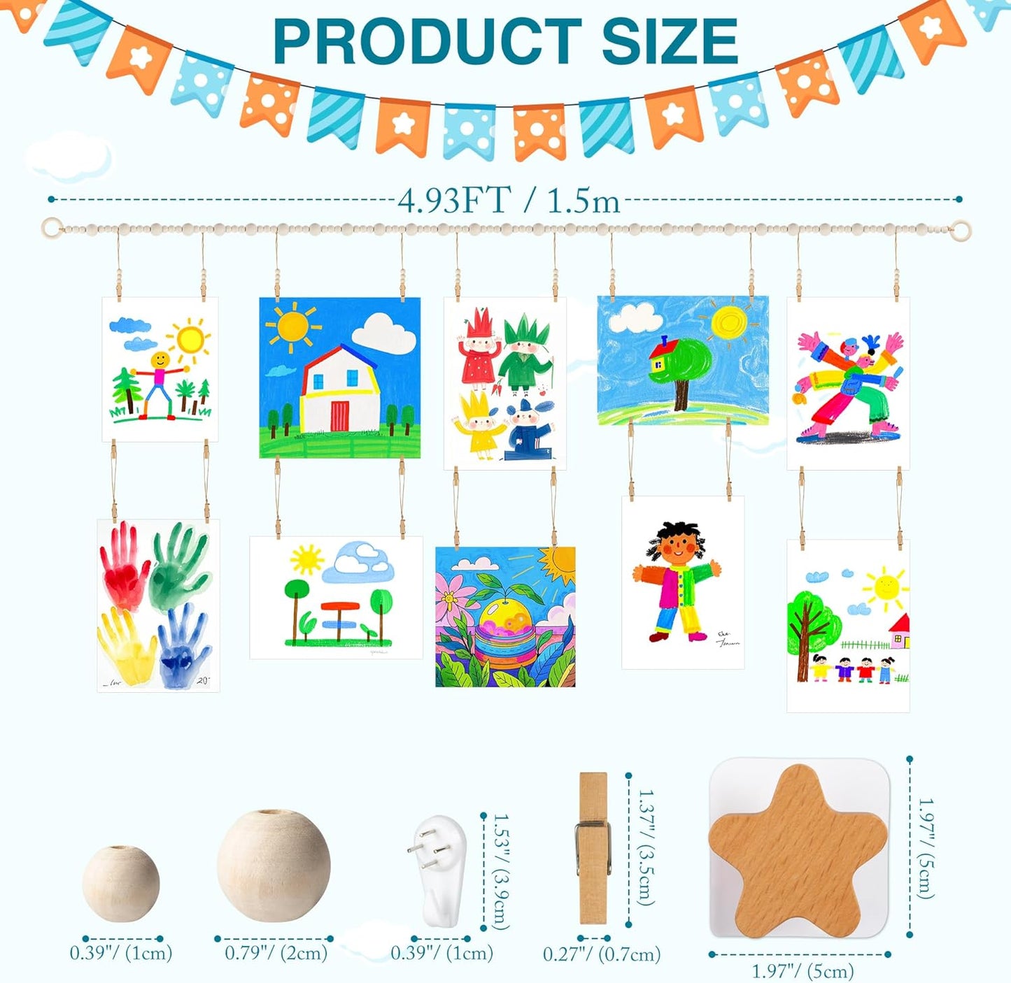KOLLIEE Kids Artwork Display Art Wall Decor 4.93ft Boho Wooden Beaded Garland Collage Holder with Hanging Rings Wooden Stars Hook 40 Wood Clips for Kids Artwork Photo Room Bedroom Decor
