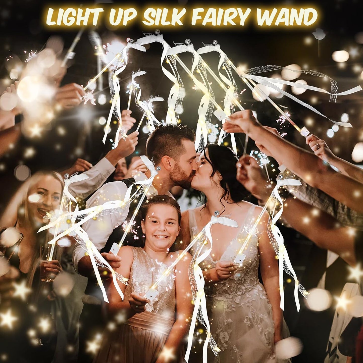 28PCS Light up Wands for wedding, Wedding Wands Streamers with 3 Colorful Flashing Modes, Fairy Wands, LED Silk Fairy Wand with Bells for Wedding, New Year, Thanksgiving, Concert