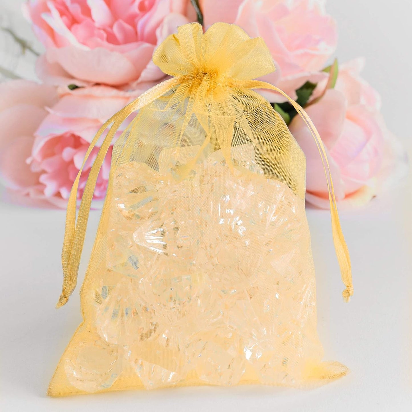 Super Z Outlet 100 Pack 5x7 Inch Mini Sheer Drawstring Organza Transparent Bags Jewelry Sack Pouches for Wedding, Party Decorations, Arts & Crafts Gifts (Gold)