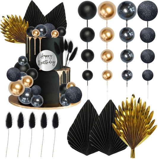 Ephlyn 33 Pack Balls Cake Toppers Boho Palm Leaves Cake Decorations Round Acrylic Happy Birthday Cupcake Toppers for Birthday Wedding Baby Shower Party Supplies Black Gold