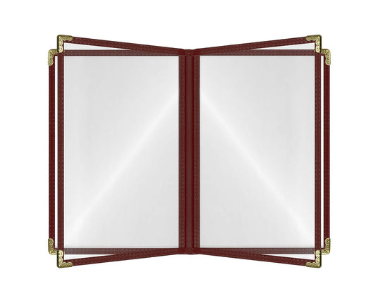 Goodsmart Restaurant Menu Covers – 25 Pack Burgundy 8-View Booklet 8.5" x 14", Side-Loading Vinyl & Plastic Menu Holders, Clear Menu Sleeves, Leather-Style Café Covers with Gold Corners
