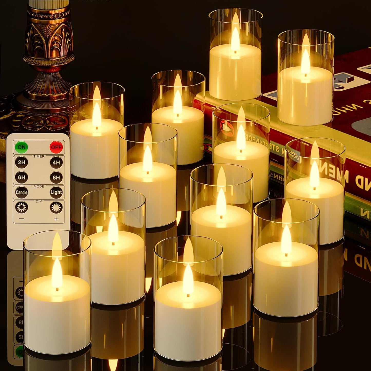 12Pack Flickering Flameless LED Candles with Remote & Timer, Battery Powered - Small Pillar & Votive, Clear (2"X3")