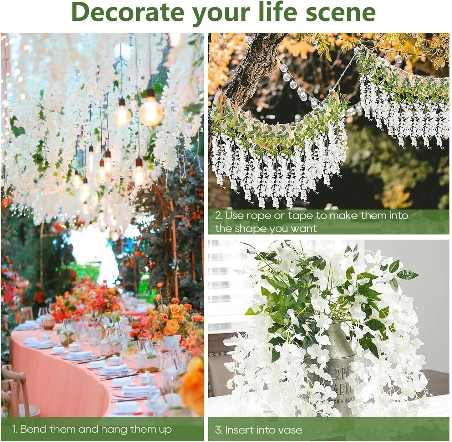 36 Pack White Wisteria Hanging Flowers, 3.44 Ft Fake Hanging Flowers, Artificial Wisteria Garland Vines for Wedding Room Backdrop Outdoor Patio Garden Decoration