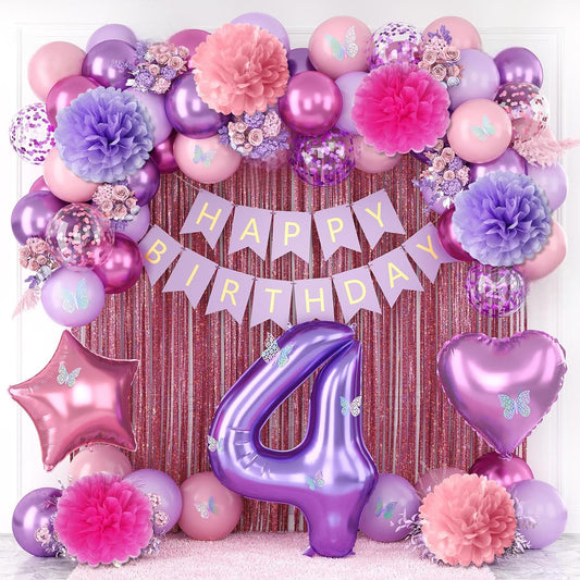 Pink Purple 4th Birthday Party Decorations for Girls Number 4 Balloon Happy Birthday Banner Butterfly Stickers Fringe Curtain Paper Pom Poms Metallic Hot Pink Star Foil Balloons 4 Year Old Princess