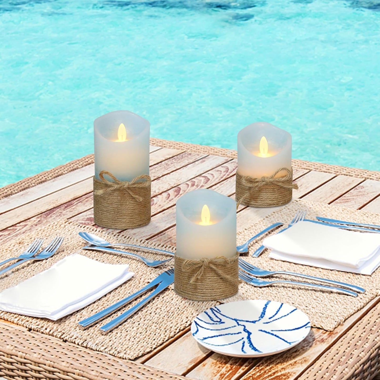 Silverstro Nautical Decor Ocean Blue Flameless Candles - Home Christmas Farmhouse Summer Decorations - Set of 3 (D3.11 X H4 5" 6")