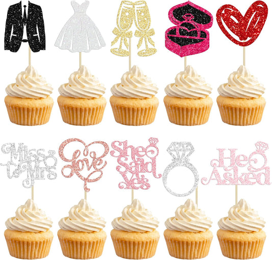 Gyufise 30Pcs She Said Yes Cupcake Toppers Glitter Diamond Ring I Do Love Cupcake Picks Miss to Mrs He Asked Bridal Shower Wedding Engagement Bachelorette Cake Decoration Multicolor