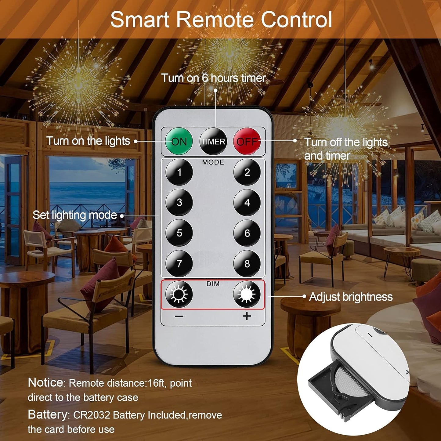 4 Pack String Lights - 225 LED 8 Modes Dimmable with Remote Control, Waterproof Copper Wire Decorative Hanging Bursting Star Lights for Party, Patio, Garden Decoration (Warm White)