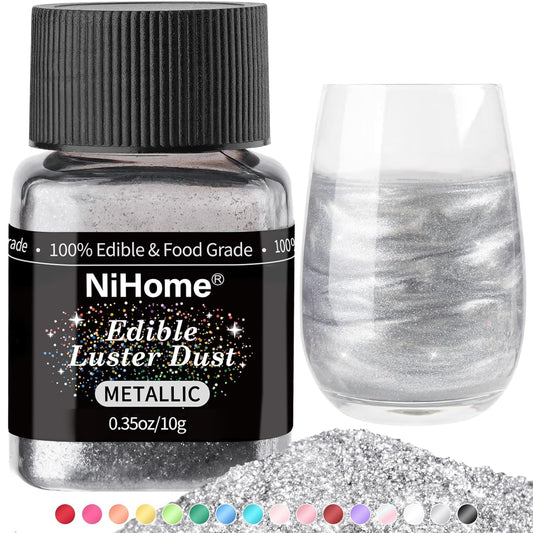 NiHome Edible Food-Grade Glitter Powder Glimmer Luster Dust Metallic Fancy Food Decorating Sprinkle Glimmery Dust for Drink Wine Beverage Cake Bakery Vegan Allergen-Free (Metallic, 0.35oz/10g)