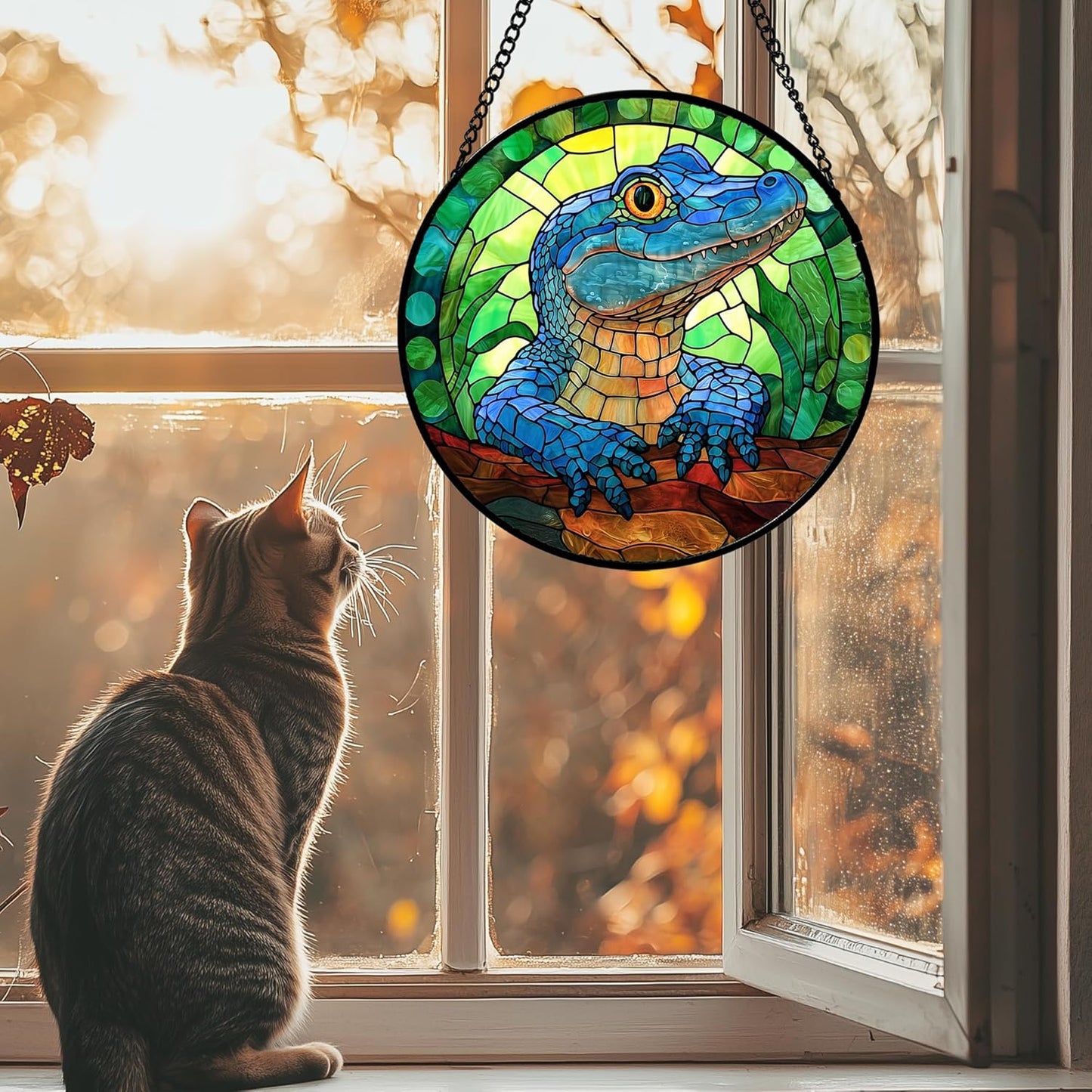 Stained Glass Window Hanging, Blue Alligator Sun Catcher for Window Door Home Decor Green Brown Suncatcher Christmas Mother's Day Birthday Gifts for Women Men Mom and Nana 9.8 in