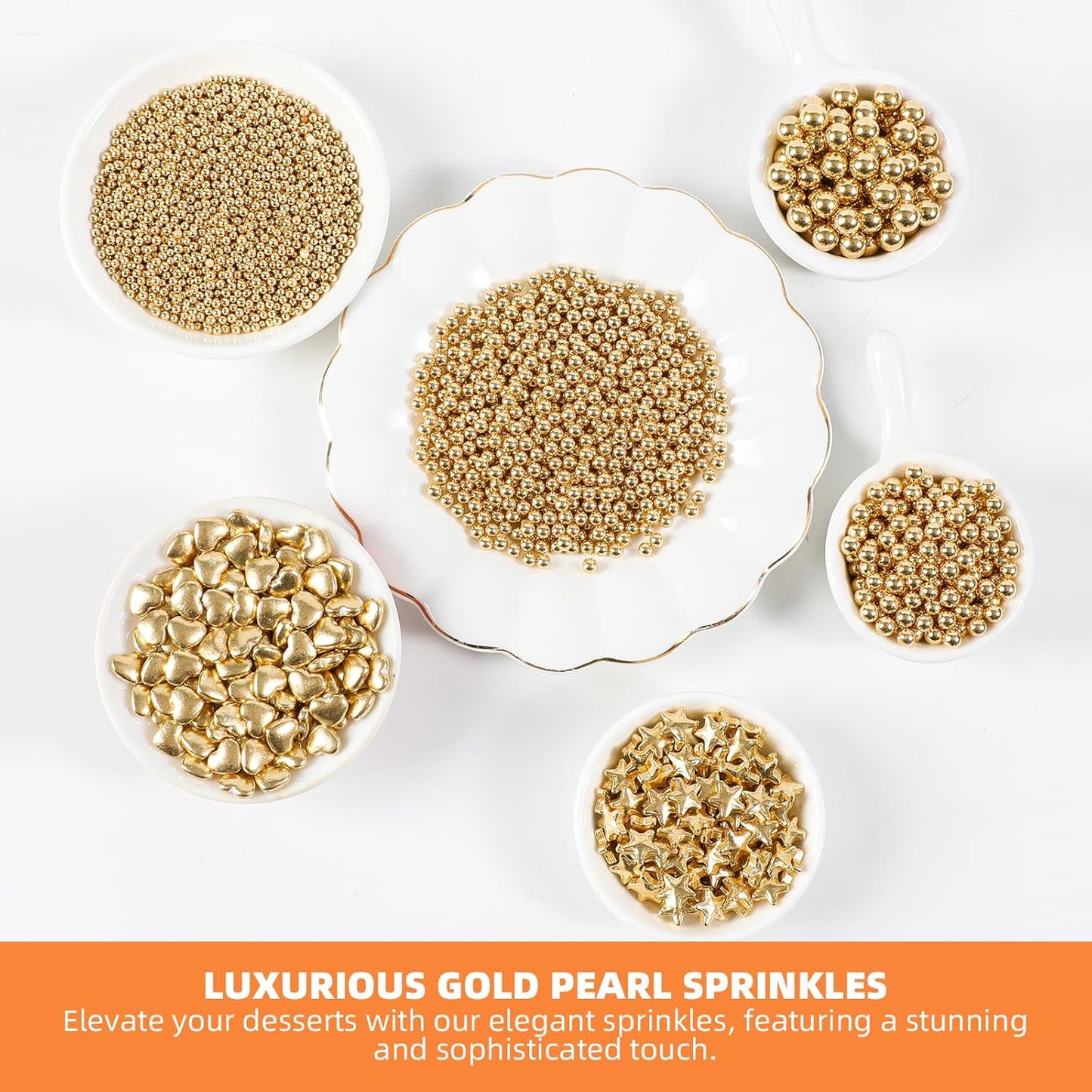 Kasvan Gold Pearl Sugar Sprinkles, 6 Sizes Mix for Cake Decorating, 230g/8.1oz, Ice Cream Toppings and Cookie Decorating, Wedding Party Chirstmas Supplies (Gold)