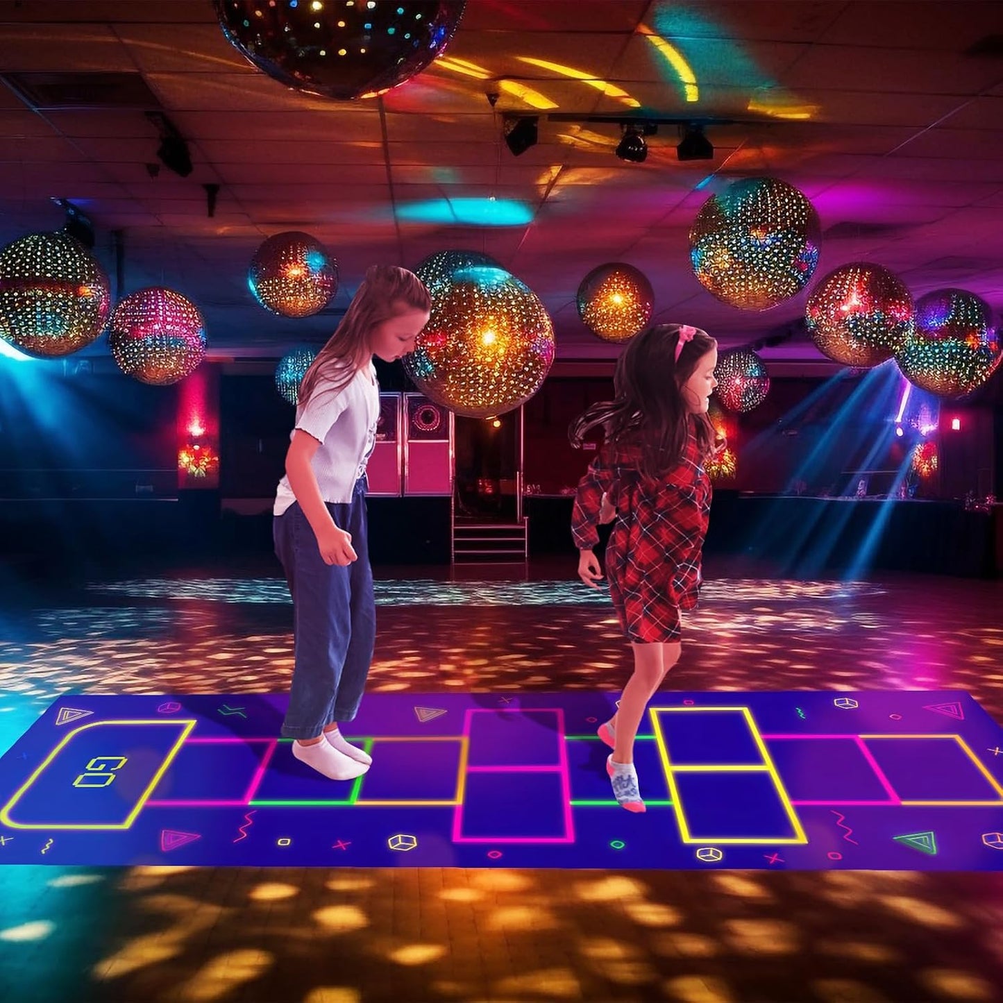 Haull 118 x 39 Inch Neon Light up Dance Floor Glow in The Dark Runner UV Reactive Blacklight Floor Aisle Runner Decor Wall Props for 80s 90s Neon Birthday Party Decorations(Hopscotch)