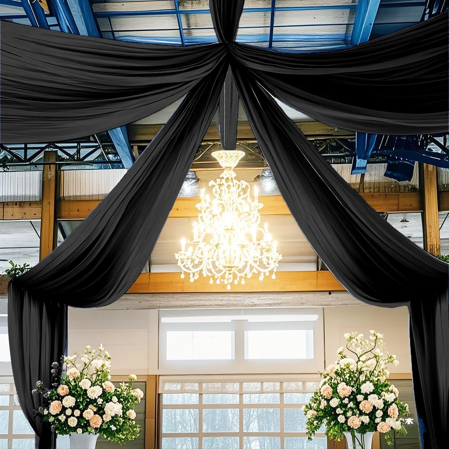 FUHSY Ceiling Drapes Black Wedding Arch Draping Sheer Backdrop Curtains for Parties 4 Panels 5x20 FT Chiffon Fabric for Drapey Tulle Curtains Tent Ceiling Fabric Draping Fabrics Decorations