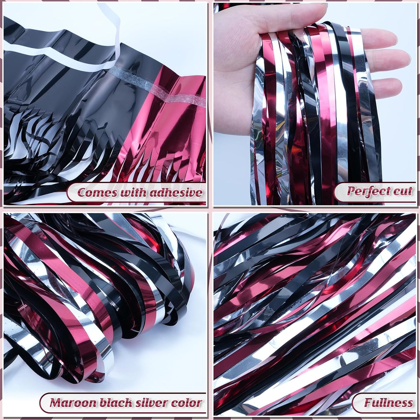 3 Pack 3.3Ft x 6.6Ft Graduation Foil Fringe Curtain Backdrop Decorations, Maroon Black Silver Metallic Tinsel Foil Streamers Curtain Photo Booth Background for Graduation Prom Wedding Birthday Party