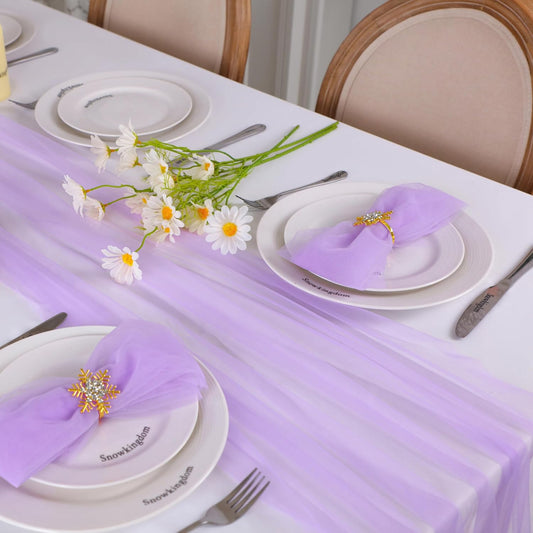 Snowkingdom Lavender Lilac Purple Table Runner, 10FT Light Purple Gauze Sheer Boho Rustic Cheesecloth Dining Table Decorations, Summer Tulle Runners for Wedding Party Baby Shower 120 inch