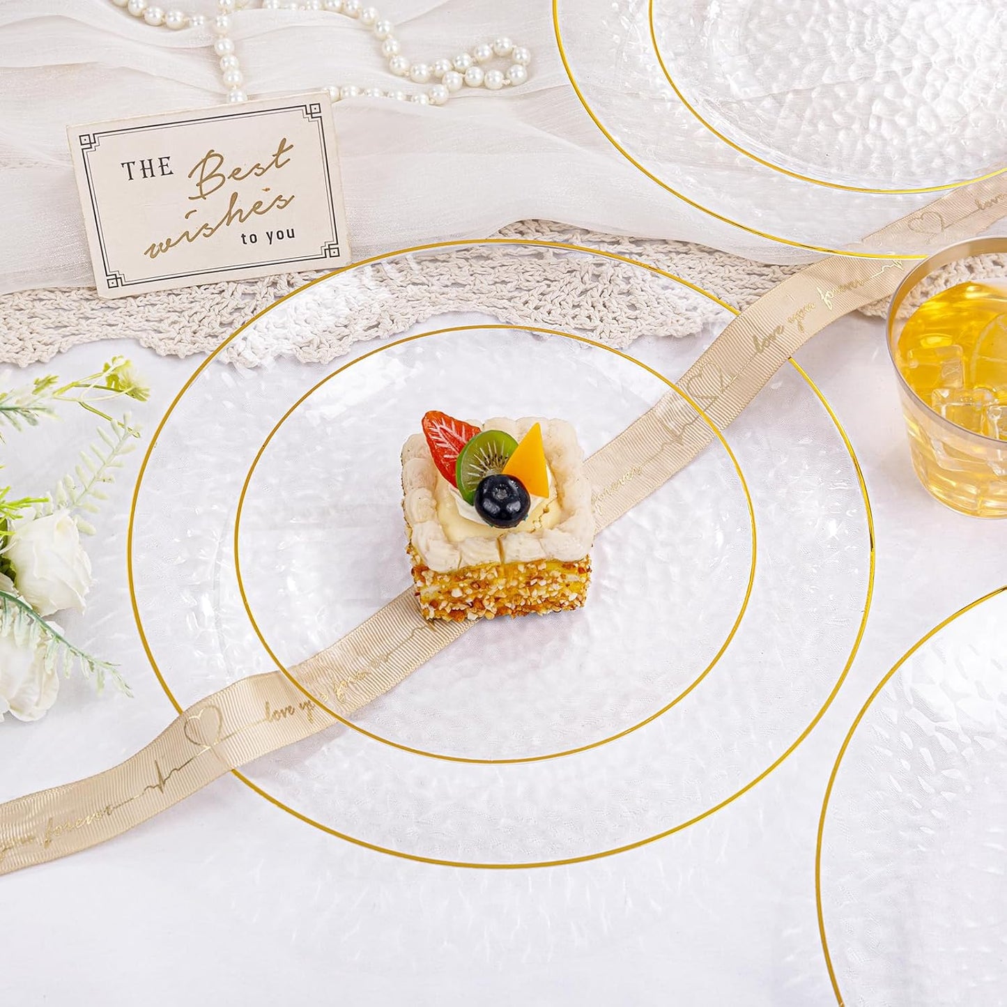 Rubtlamp 350 Pcs Clear Gold Plastic Plates, Hammered Disposable Dinnerware, Clear-Gold Plates Set Include 100 Plastic Platos, 150 Gold Disposable Silverware, 50 Cups And 50 Napkins for Party