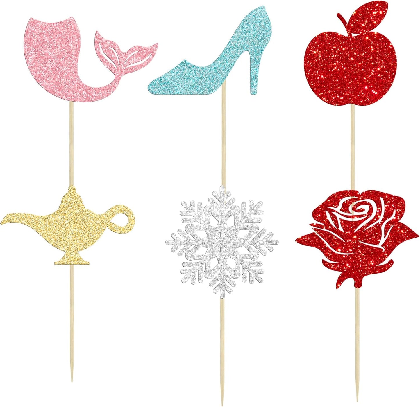 Gyufise 24Pcs Princess Symbol Cupcake Toppers Apple Mermaid High Heel Snowflake Rose Cupcake Picks for Girl Birthday Baby Shower Party Decorations
