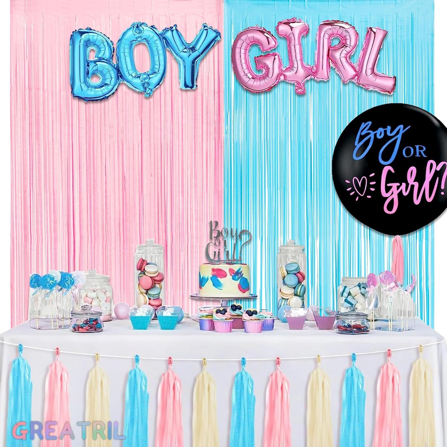 Pink and Blue Party Photo Backdrop - GREATRIL Foil Fringe Tinsel Streamers for Pastel/Easter/Birthdays Party Decorations - 3.2ft X 8.2ft - 2 Packs
