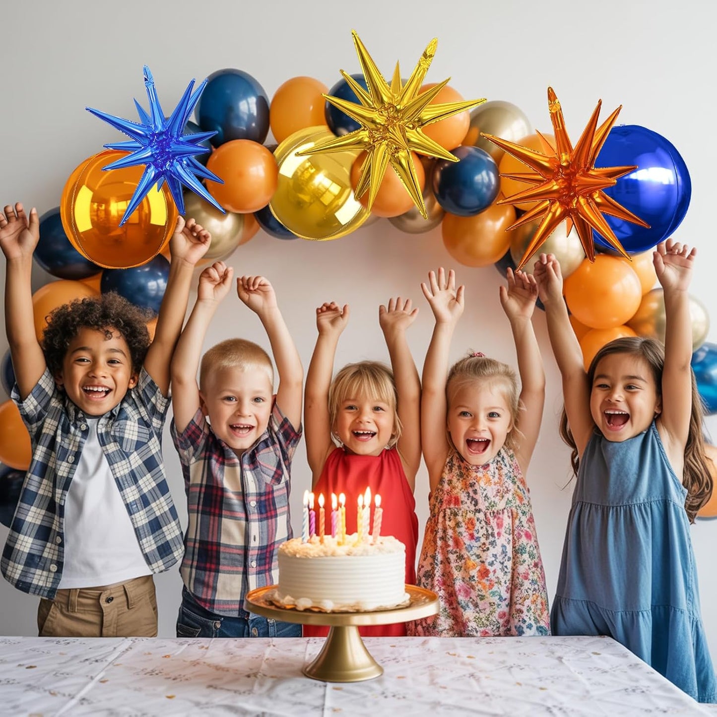 6Pcs Blue Orange Gold Foil Balloons,22Inch Orange Blue Gold 4D Round Ball Balloon and Explosion Star Balloon for Birthday Wedding Baby Shower Anniversary Party Decorations