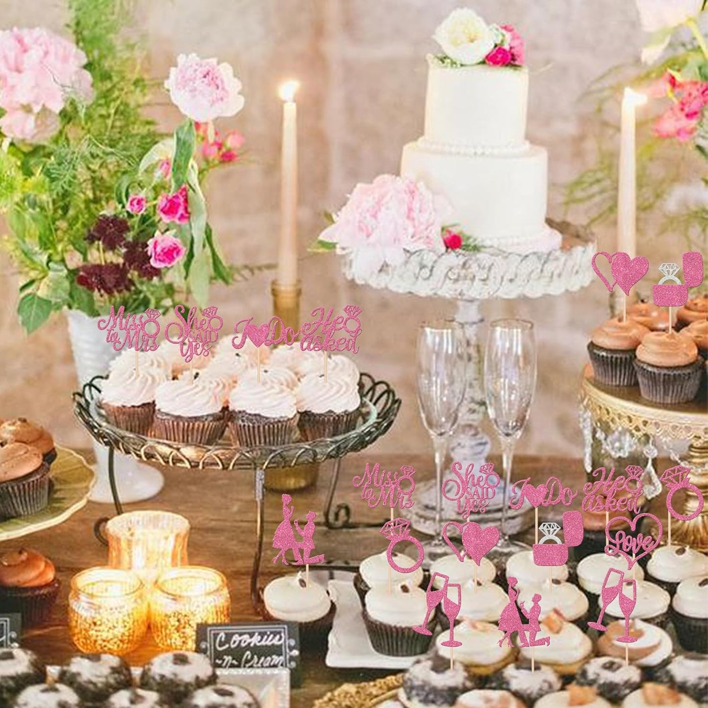 30 PCS He Asked She Said Yes Cupcake Toppers Glitter Engagement Cupcake Toppers Miss to Mrs I Do Love Heart Ring Miss to Mrs Cupcake Picks for Wedding Engagement Party Cake Decorations Supplies Pink