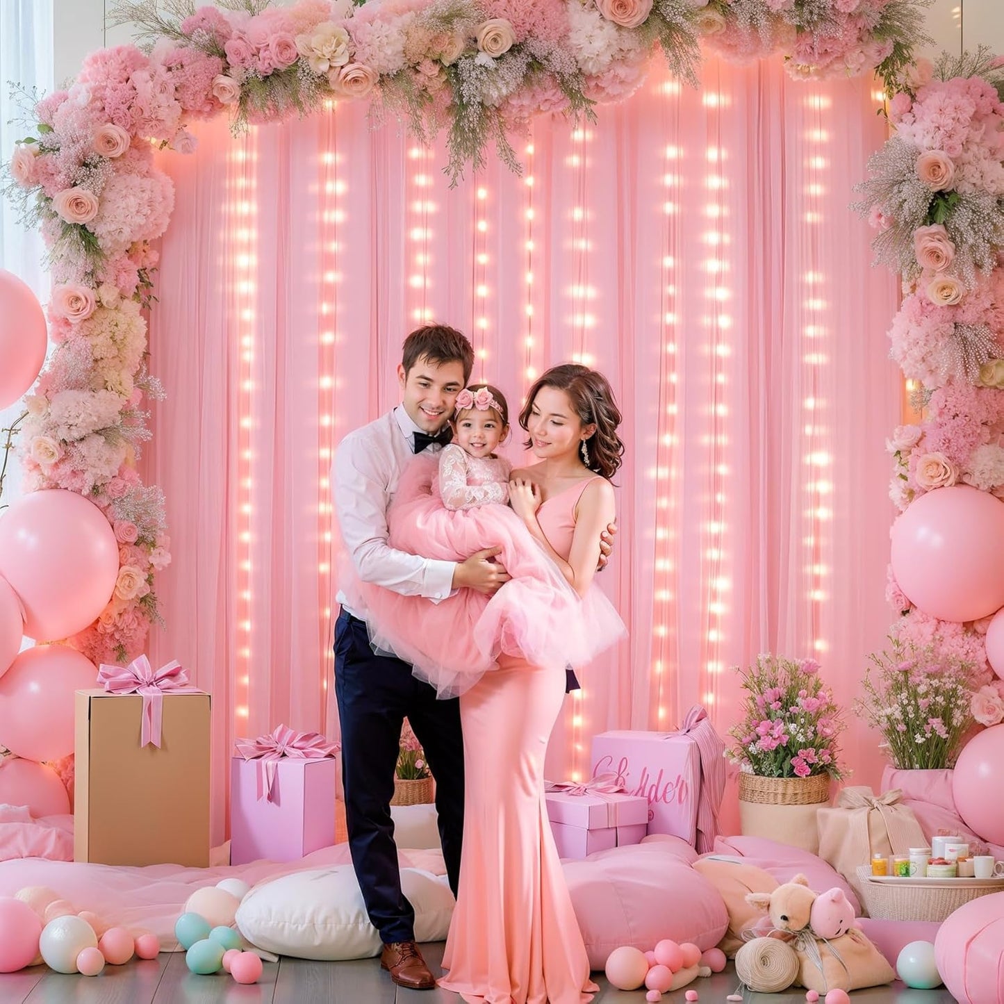 Sheer Backdrop Curtains with Lights String for Weddings Baby Showers, 20x8ft Sheer Tulle Photo Backdrop Curtains for Birthday Party Photography Background Decoration, Pink