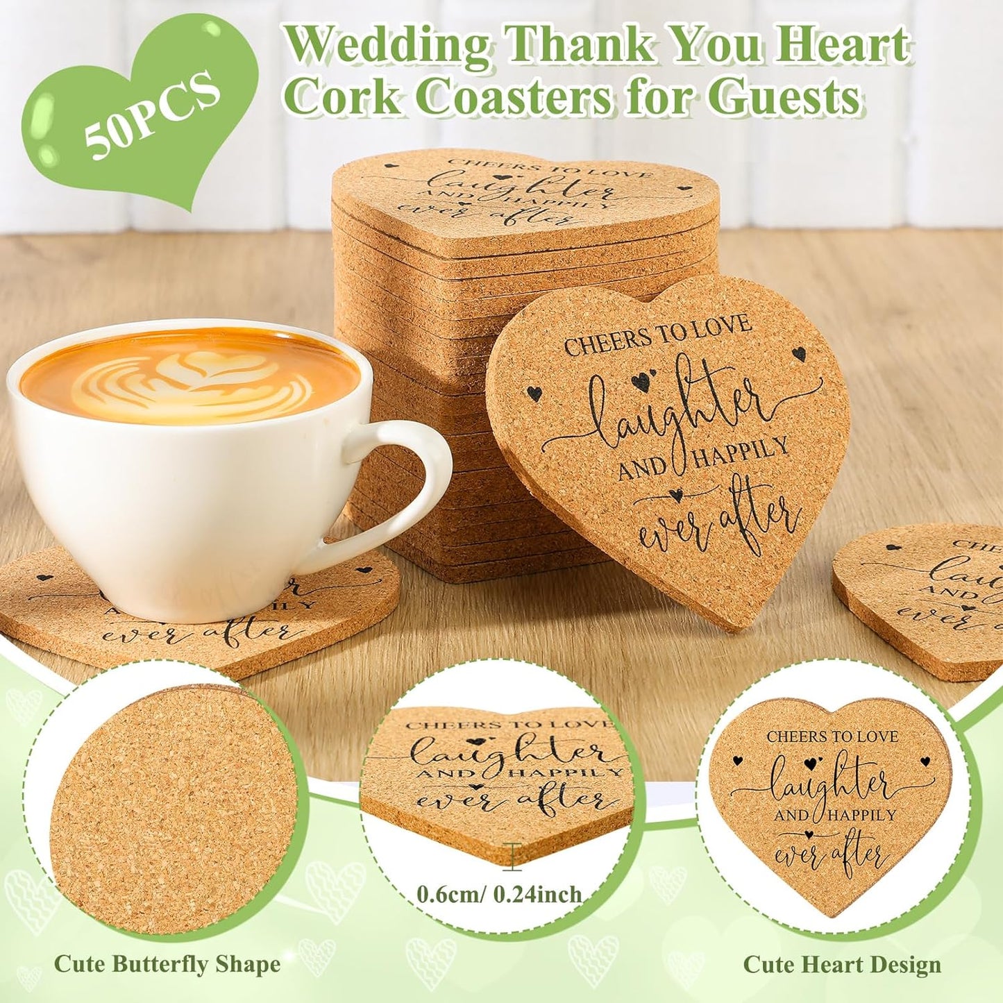 Uiifan 50 Set Wedding Favors for Guest Coaster Gifts Bulk Heart Shaped Coasters Thank You Cards Organza Bags Guest Souvenirs for Wedding Party Bridal Favors
