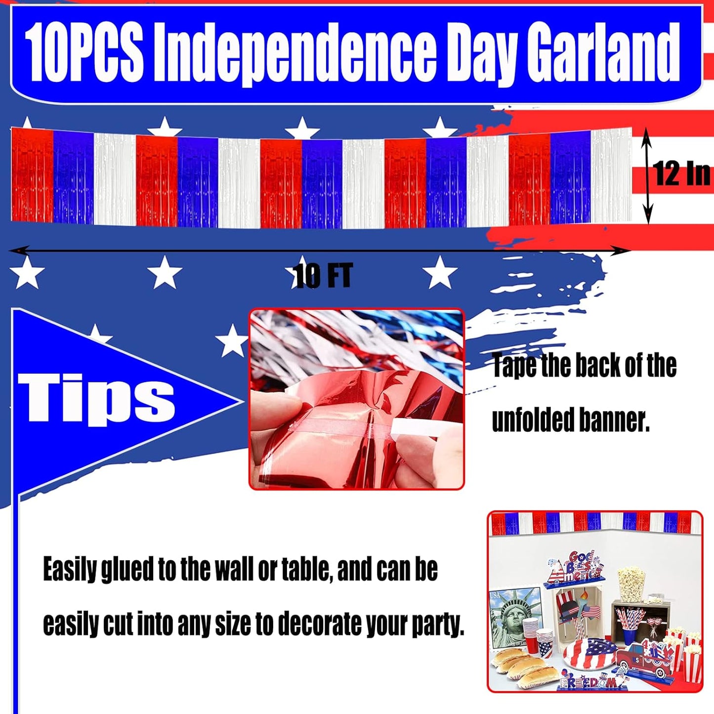 10 Pack 10 Feet Foil Fringe Garland Metallic Tinsel Streamers Banner Wall Hanging Backdrop for Parade Floats, Bachelorette, Wedding, Birthday, Independence Day Party Decorations(Red Blue White)