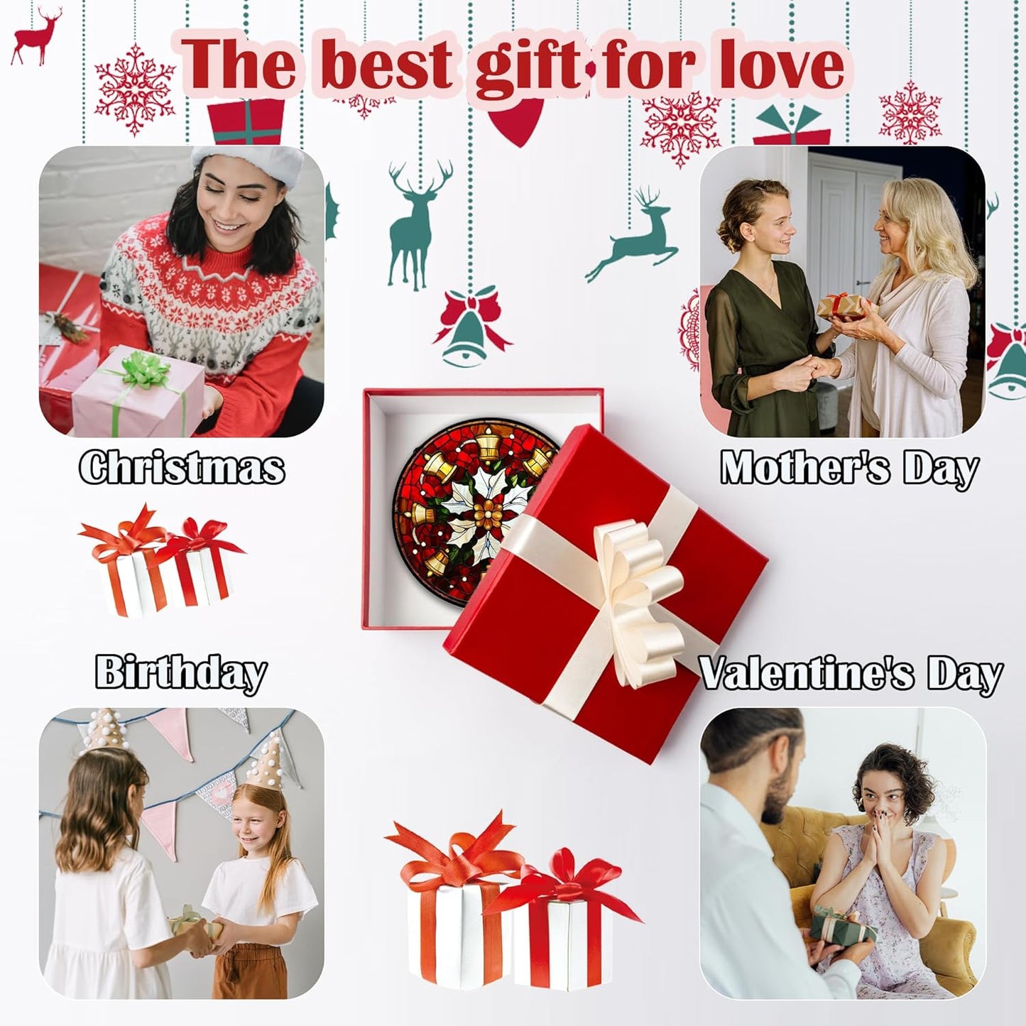 Stained Glass Window Hanging - Golden Bells Flowers Suncatcher for Doors Home Christmas Decoration Winter Sun Catcher Thanksgiving New Year Birthday Gift for Friend Women Men Mom Nana 9.8 in