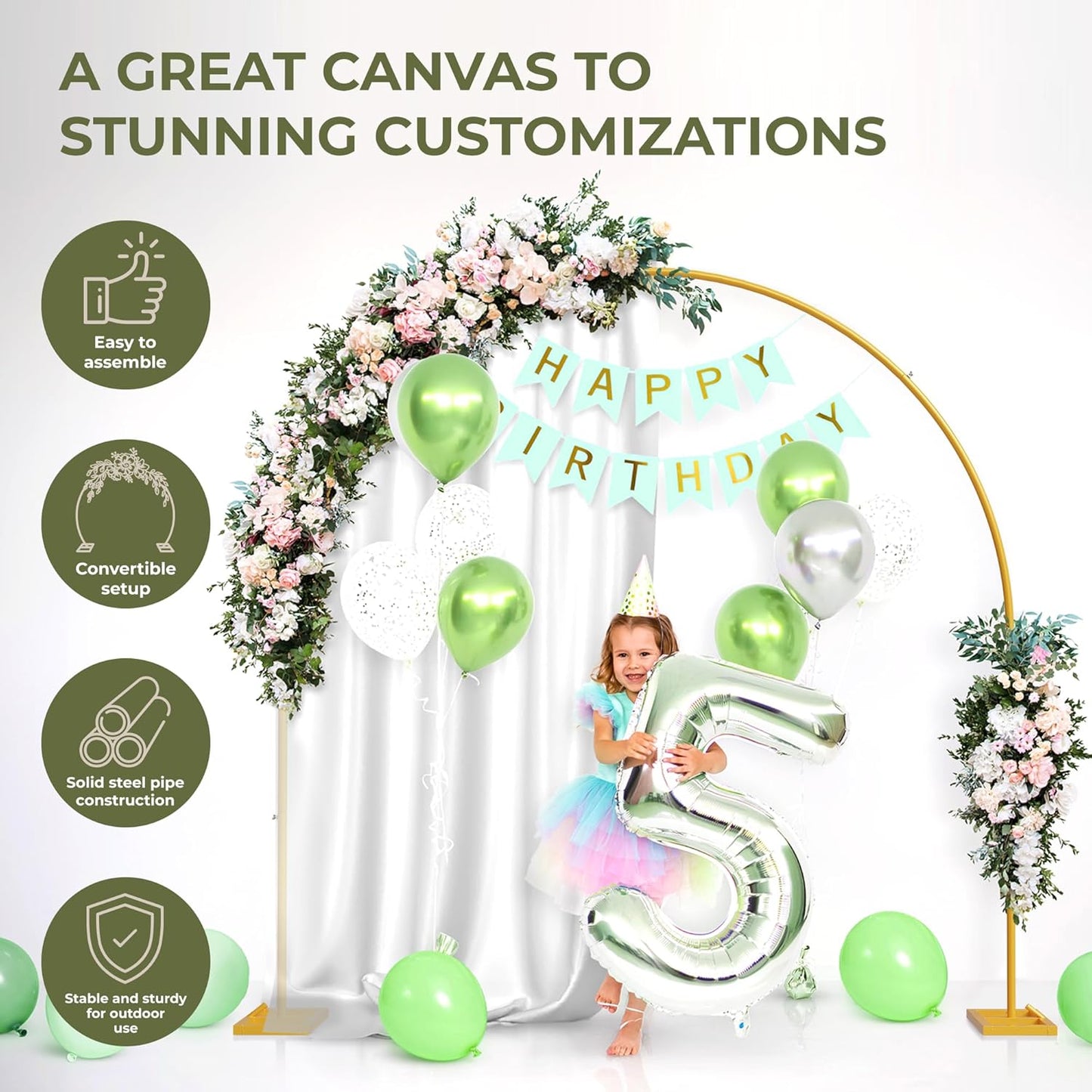 VerdeVista Convertible 6.5 FT Round Backdrop Stand - Heavy Duty Balloon Arch Stand with 2 Waterbags - Multiuse Photo Backdrop Arch, Gold Circle Ring Balloon Arch Frame for Wedding Baby Shower & More