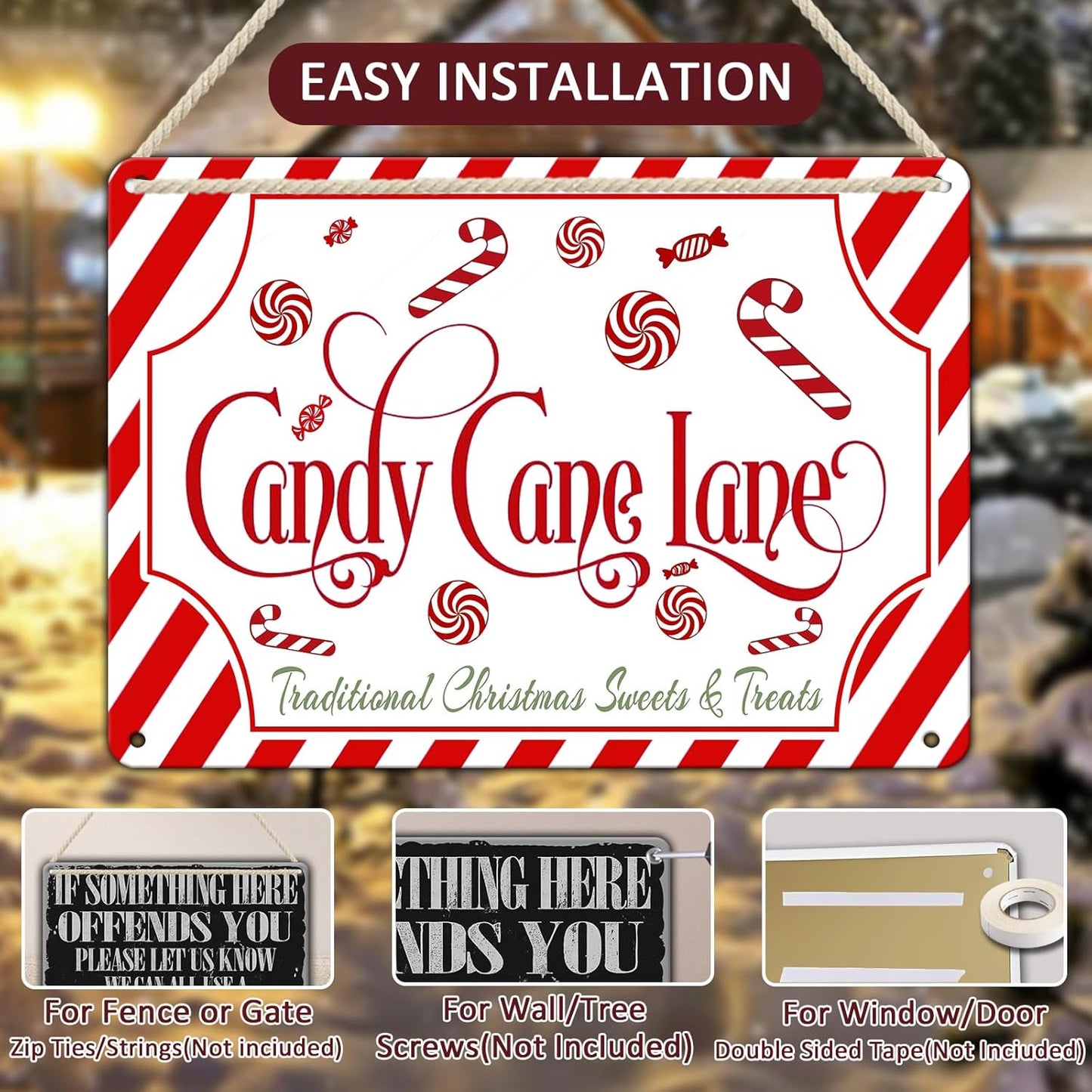 Christmas Candy Cane Lane Metal Tin Sign Traditional Christmas Sweets and Treats Winter Sign for Home Living Room Outdoor or Indoor Wall Decor Gift Christmas Candy Cane Lollipop 12x16Inch