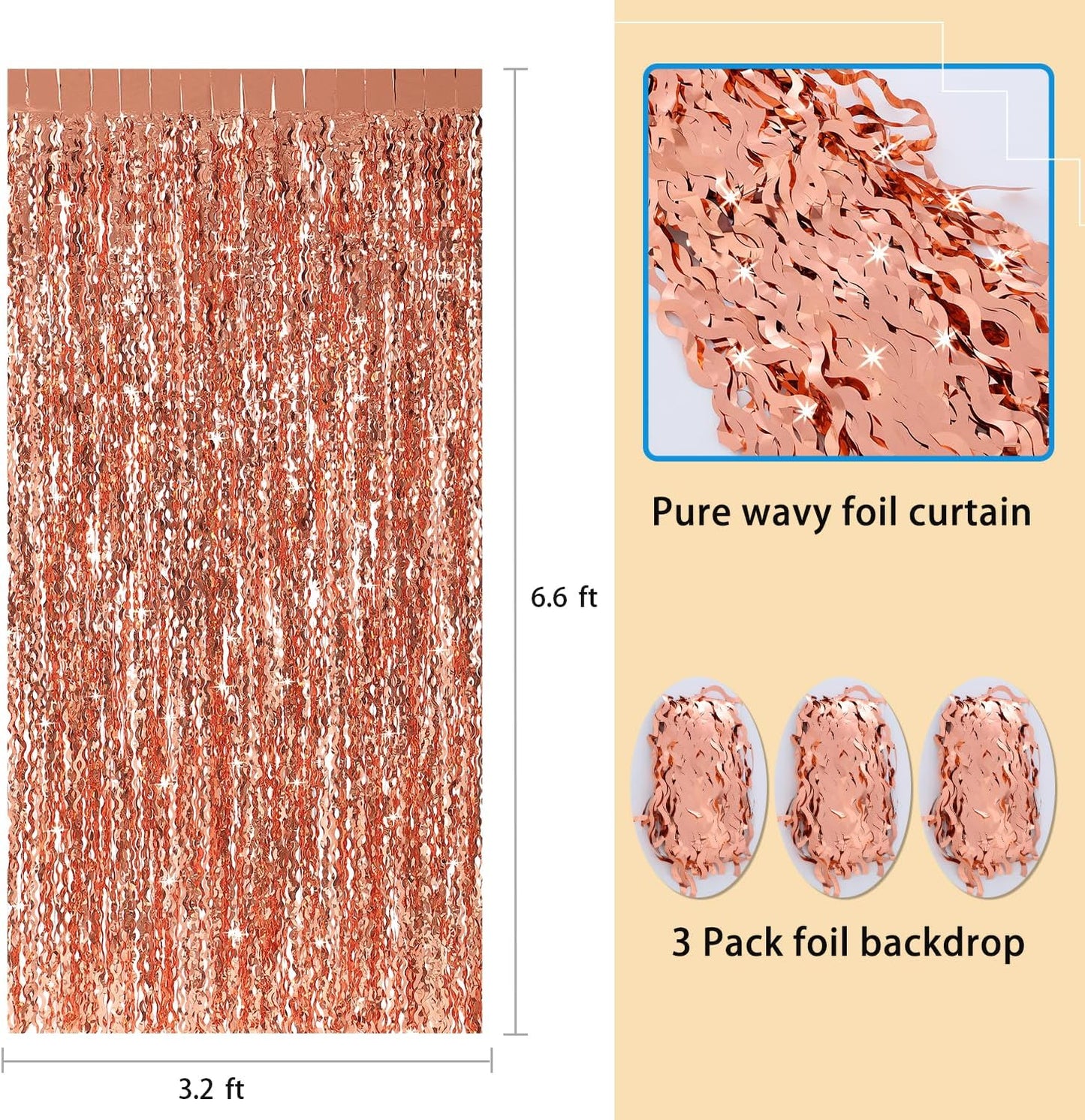 Wavy Fringe Curtain - Rose Gold, 3.3 ft x 6.6 Feet, Pack of 3 | Party Decorations, Streamers for Birthday Backdrop