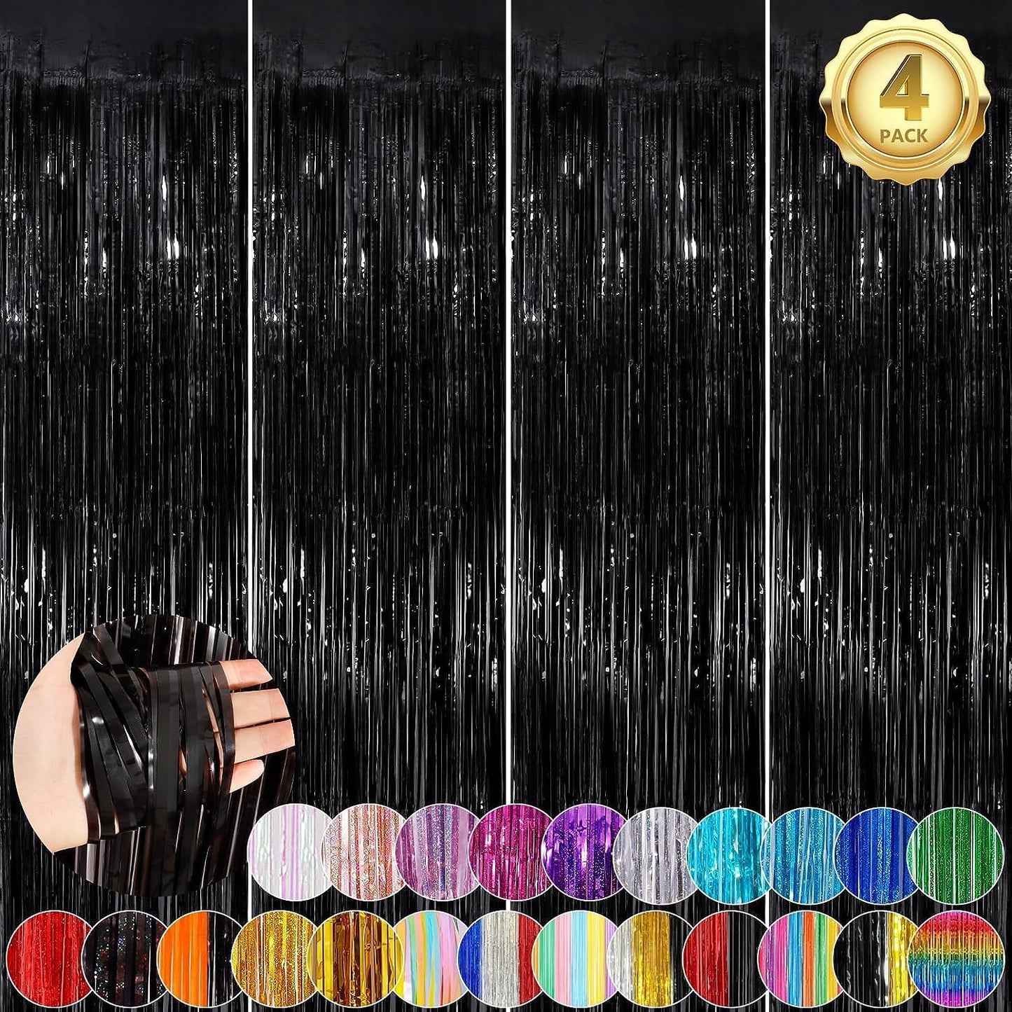 Black Fringe Curtain Party Streamers 4Pack 3.3 x 8.3 Ft Foil Fringe Backdrop Curtains for Birthday Wedding Bridal Baby Shower Holiday Tinsel Streamers Black Party Decorations Door Streamer