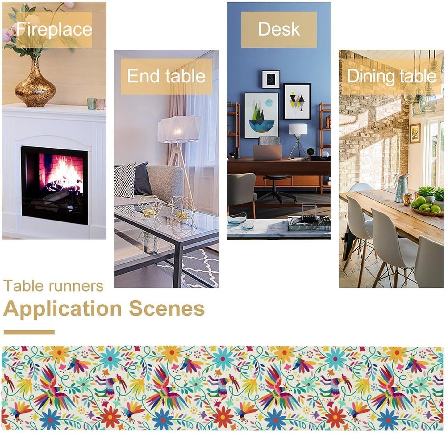 Mexican Table Runner,Boho Colorful Nature Inspired Flowers and Birds Table Cloth Kitchen Dining Table Home Party Decoration 13x60 Inch