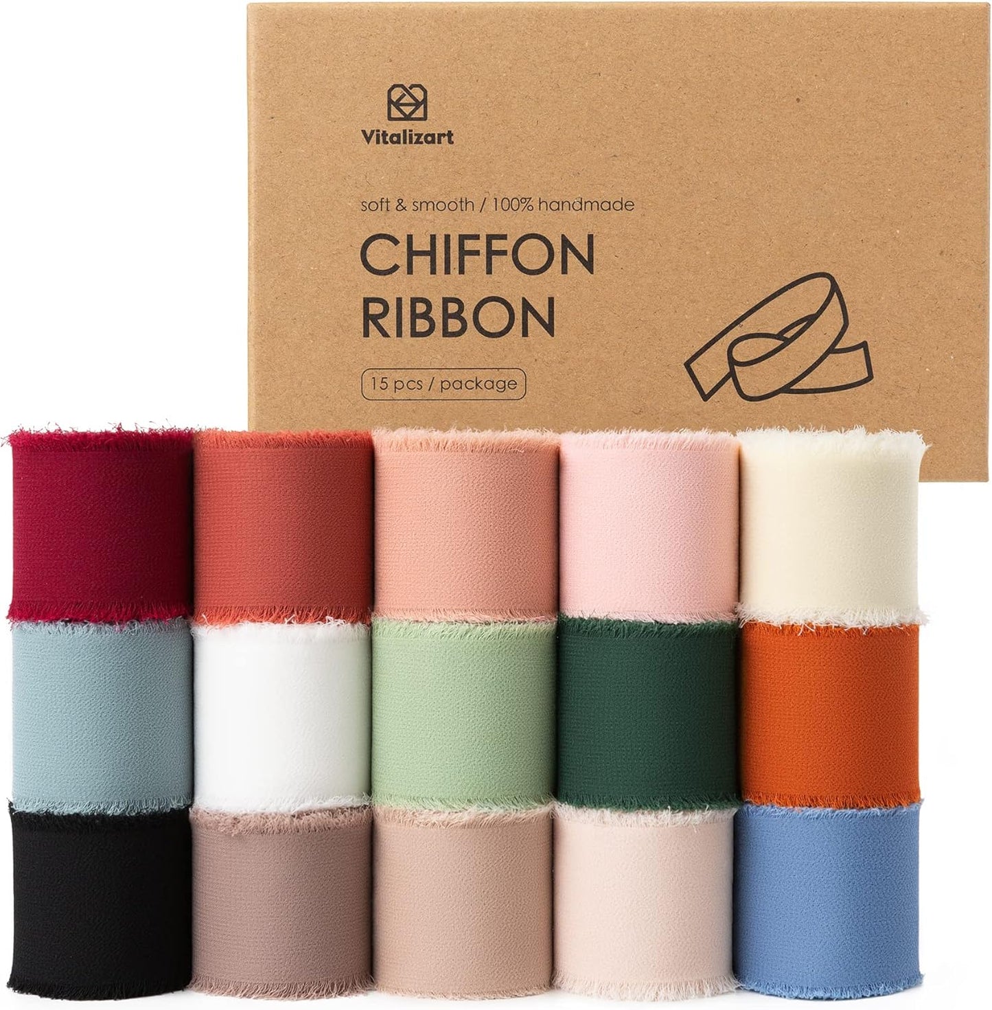 Vitalizart Chiffon Silk Ribbon 1 1/2 Inch x 75 Yd Handmade Frayed Edge Assorted Ribbons for Gift Wrapping Bridal Bouquets Baby Shower Wedding Invitations