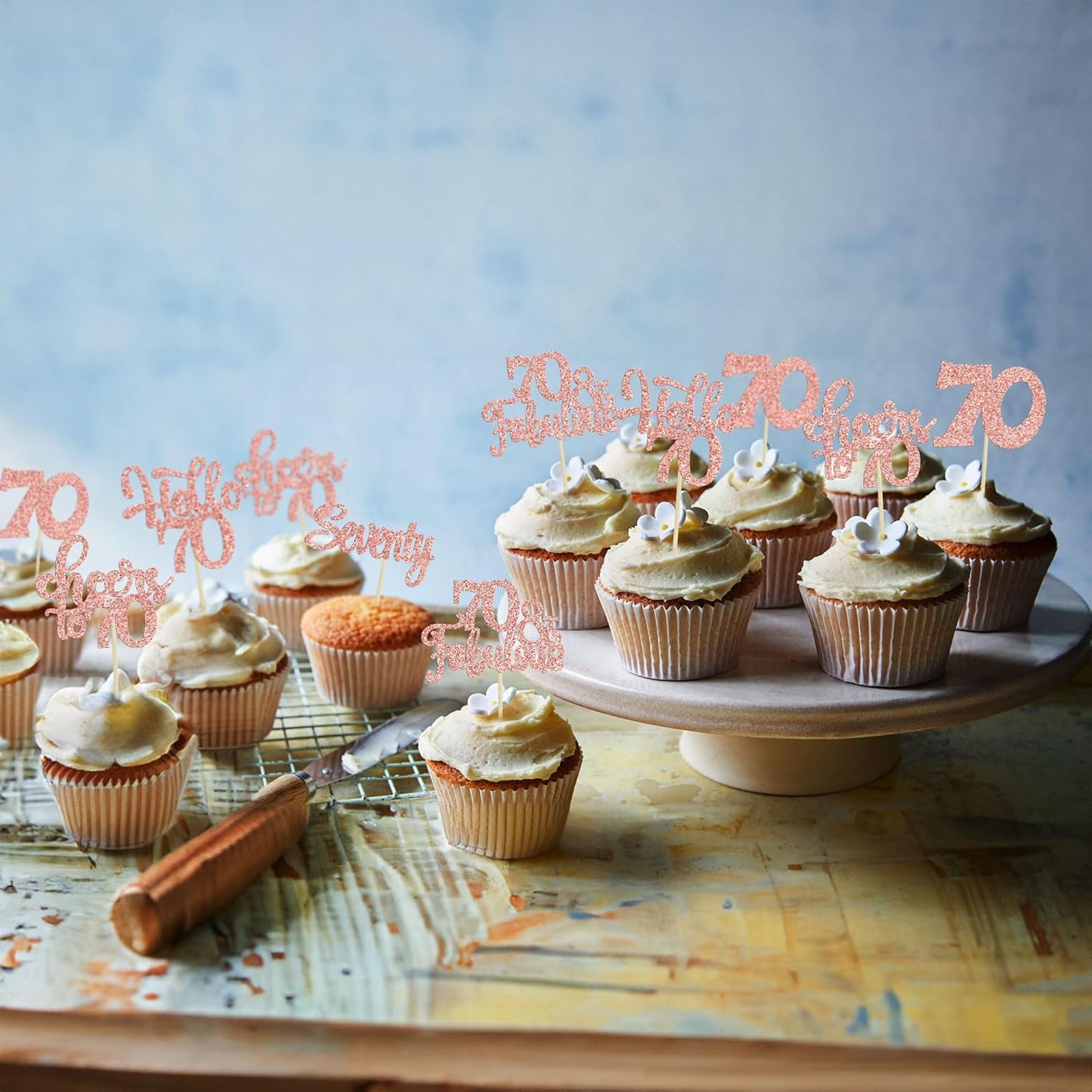 30Pcs Happy 70th Birthday Cupcake Toppers Seventy Cheers to 70 Years Old Birthday Cupcake Picks for 70th Birthday Anniversary Party Cake Decorations Supplies Rose Gold Glitter