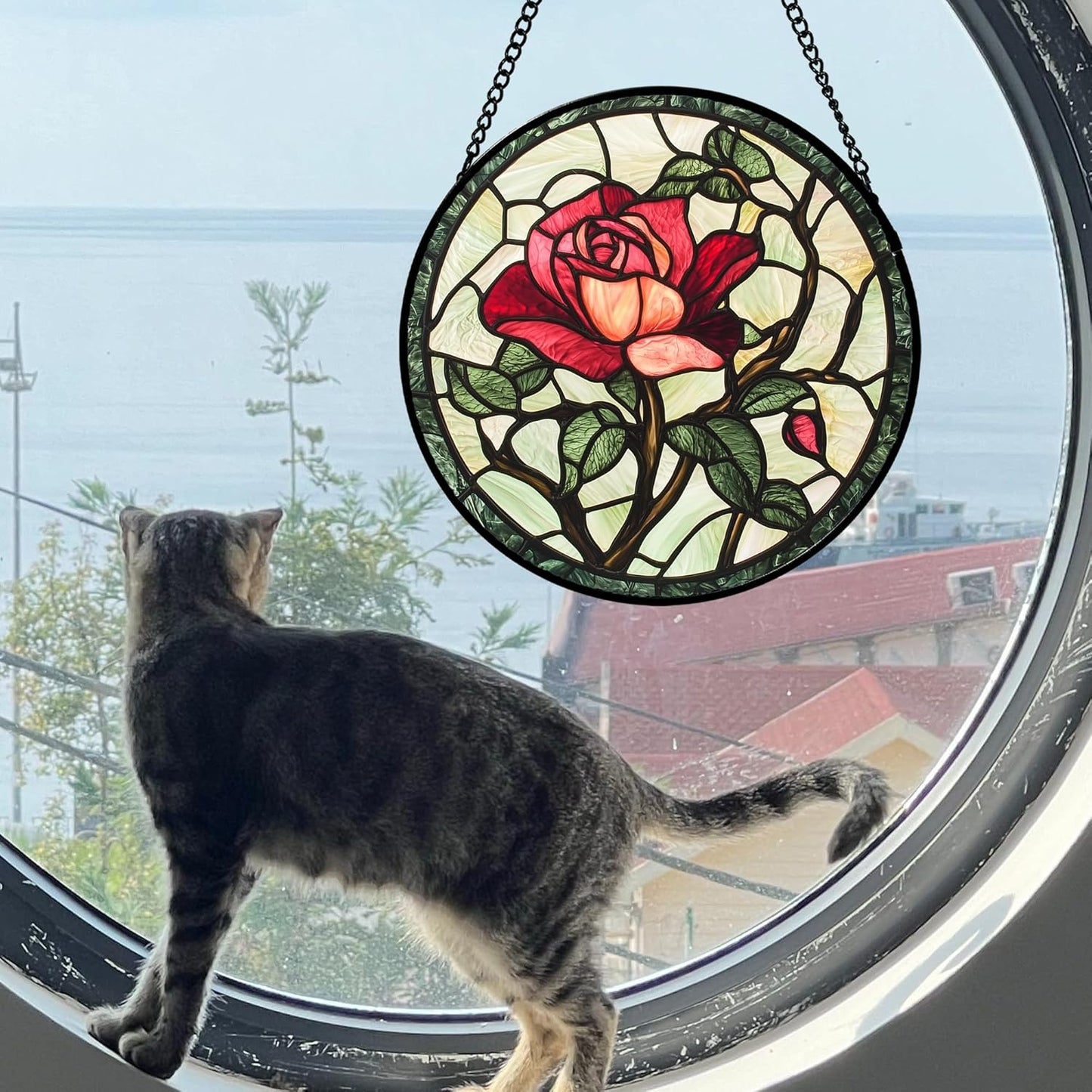 Stained Glass Window Hanging, Red Rose Flowers Sun Catcher for Door Garden Home Decor Suncatcher Christmas Mother's Day Birthday Gifts for Women Lovers Men Wife Girlfriend Mom Nana 7.8 in