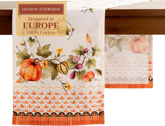 Maison d' Hermine Table Runner 100% Cotton Single Layer Table Runners 108 inches Long for Thanksgiving Christmas Decorations Home Kitchen Dining Wedding (Pumpkin Garden - Cloudy Cream, 14.5" x 108")