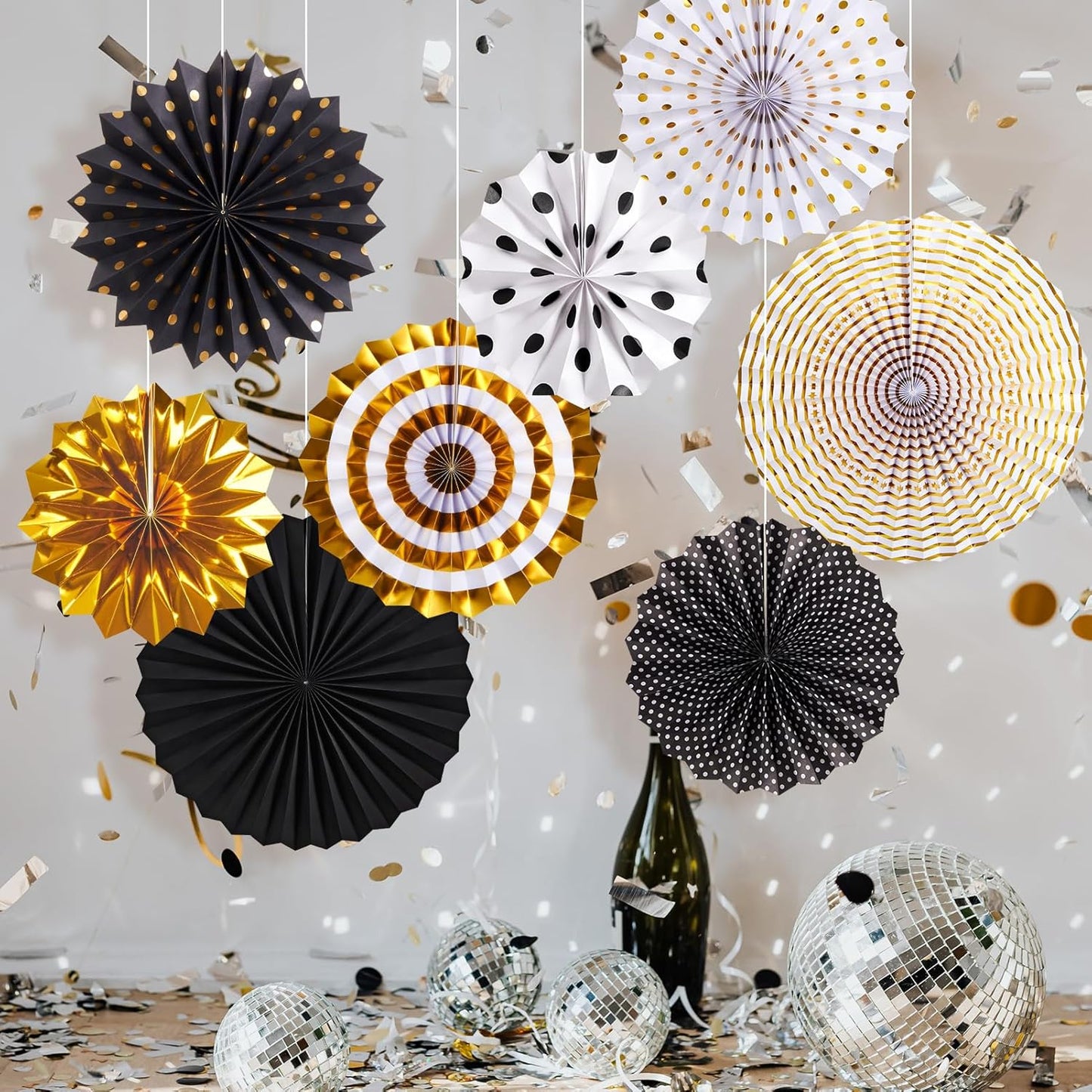 SUNBEAUTY Gold Black Paper Fans Backdrop for Tea Party Weddding Spring Birthday Classroom Baby Shower Halloween Decoration Hanging Home Party - 8Pcs