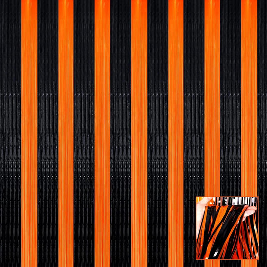 4 Pack Black Orange Foil Fringe Curtain Backdrop, 3.28Ft x 9.8Ft Metallic Tinsel Foil Fringe Streamers Curtains for Photo Booth, Wedding, Thanksgiving, Birthday, Christmas, Halloween Party Decoration