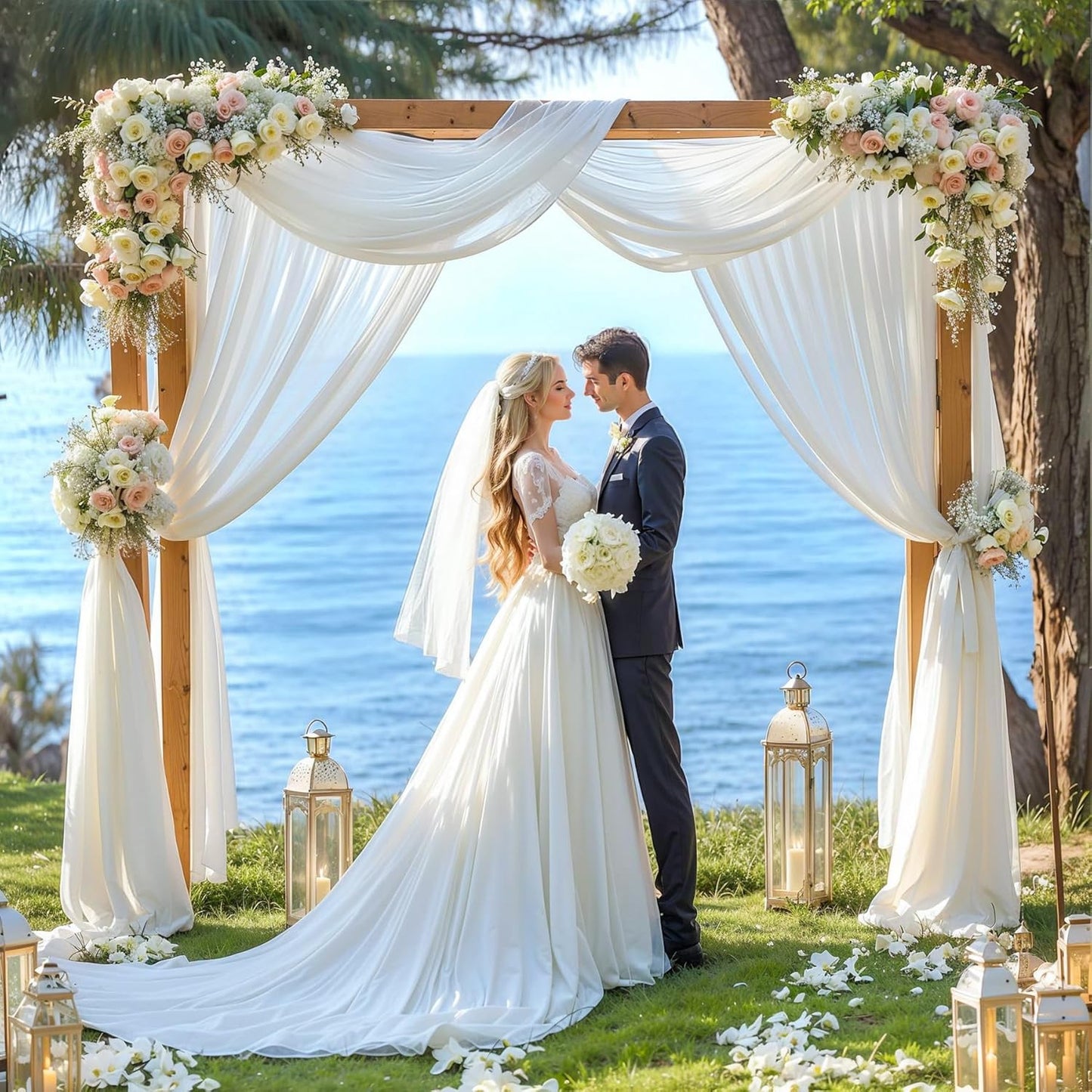 Wedding Arch Draping Fabric,2 Panel 28" x 19Ft White Arch Drapery Sheer Backdrop Curtain for Wedding Ceremony Party Ceiling Decor