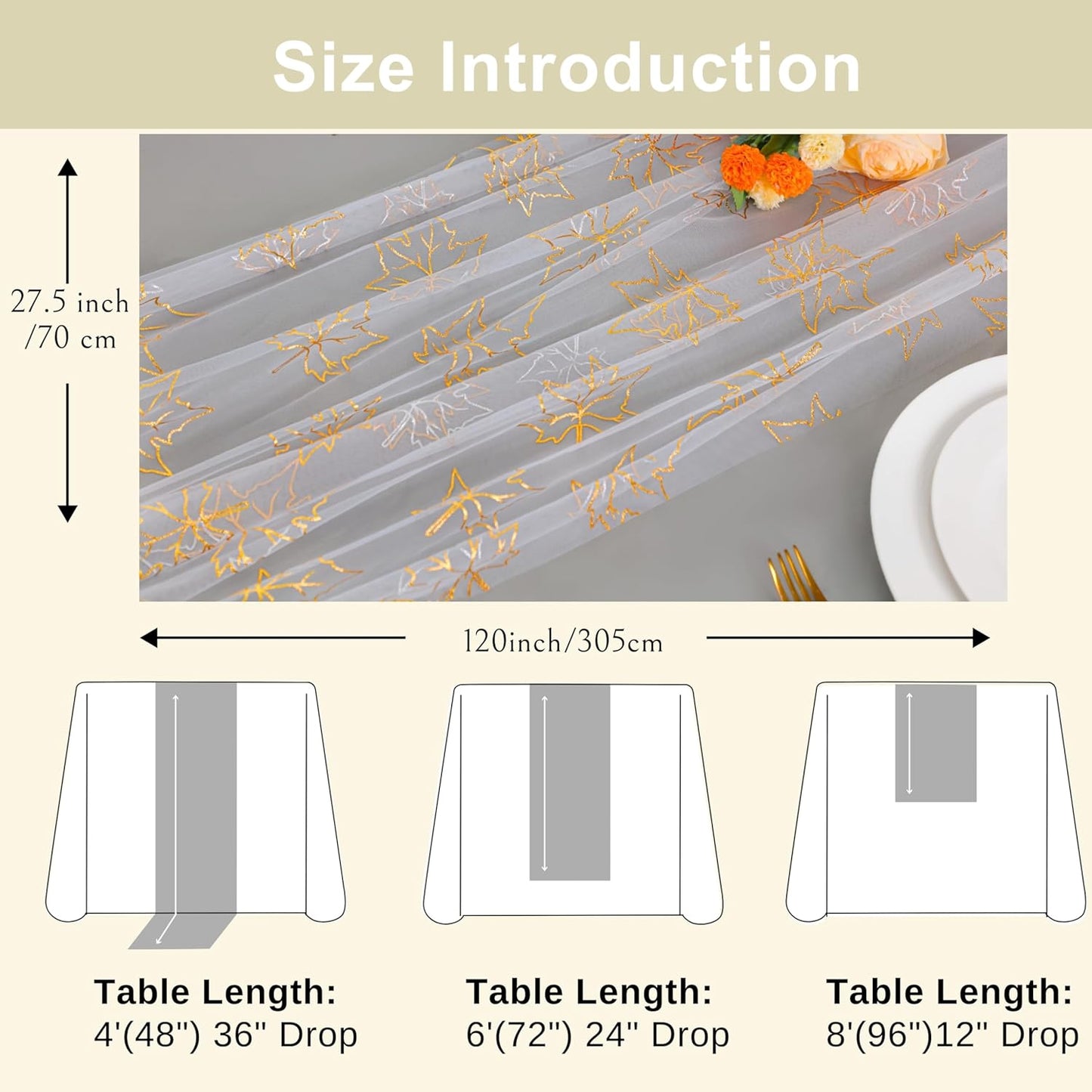 Snowkingdom Fall Table Runner, 10ft Gold Maple Leaves Gauze Chiffon Table Runners, Thanksgiving Decoration Sheer Cheesecloth Runner for Autumn Harvest Glitter White Sparkle Dining Party Decor 120 Inch