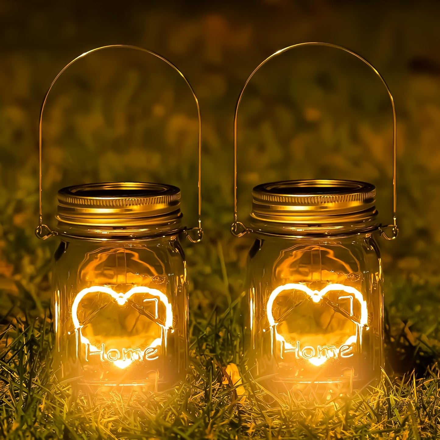 Hanging Solar Mason Jar Lights, 4 Pack Heart Shape Led Lights, Solar Lanterns Outdoor Waterproof Lights, Hangers and Jars Included, Gift for Mothers Day,Home Party Wedding Lover Garden Patio Decor (4)